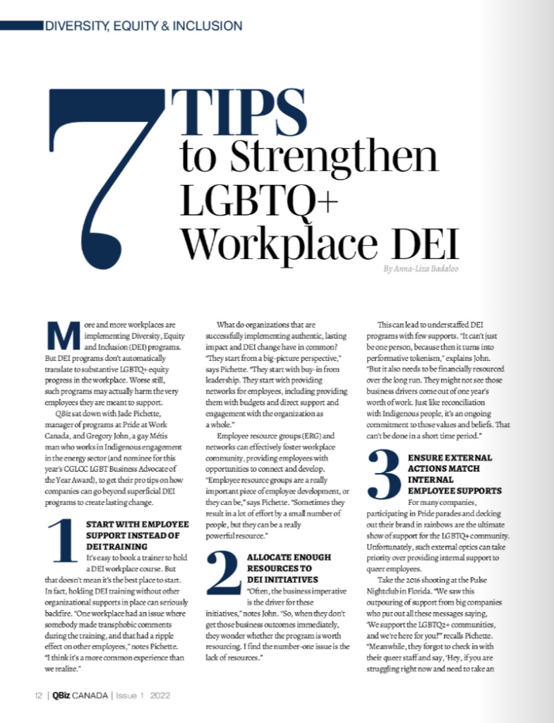 Screenshot of article written by Anna-Liza Badaloo of Anemochory Consulting, titled "7 Tips to Strengthen LGBTQ+ Workplace DEI"