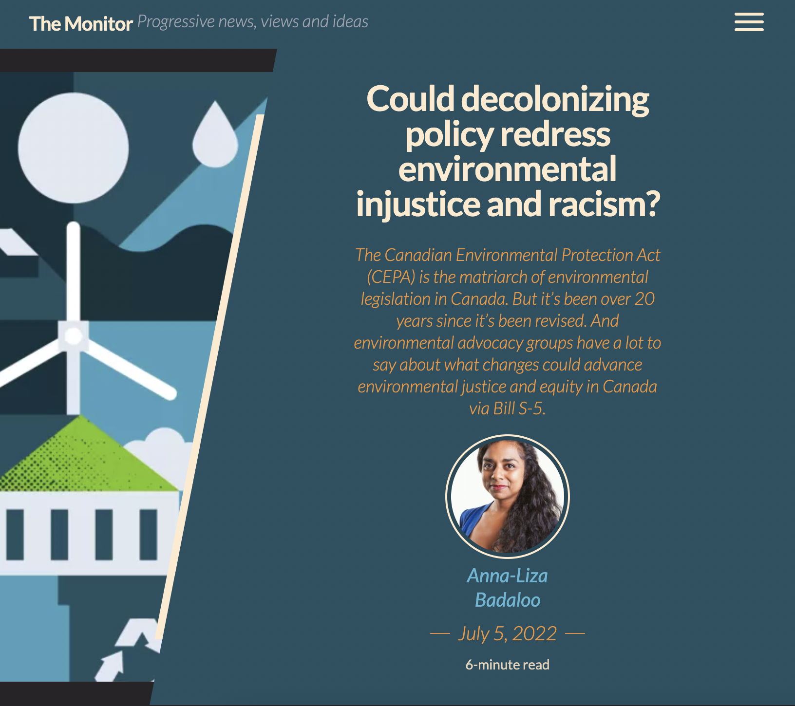 Photo of article written by Anna-Liza titled "Could decolonizing policy redress environmental injustice and racism?"